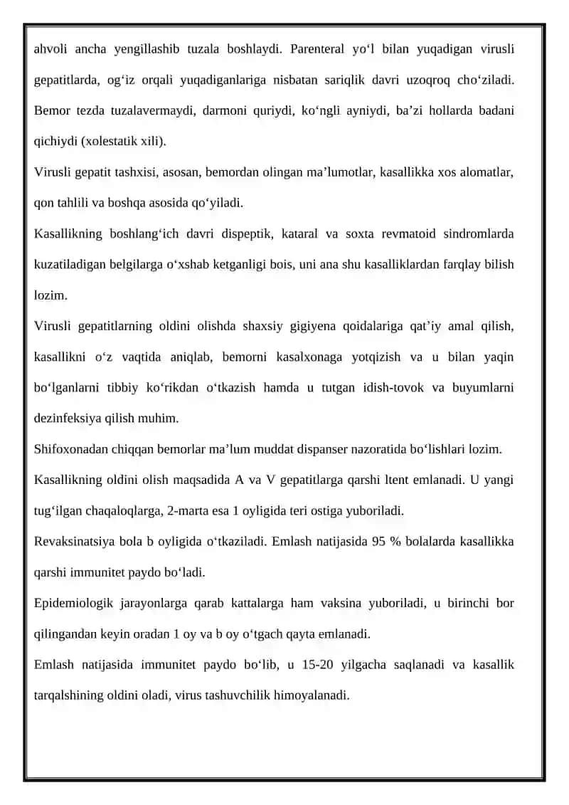 O’TKIR VIRUSLI GEPATIT BILAN KASALLANGANBEMORLARGA KASALLIK TARIXINI YOZISH. 3