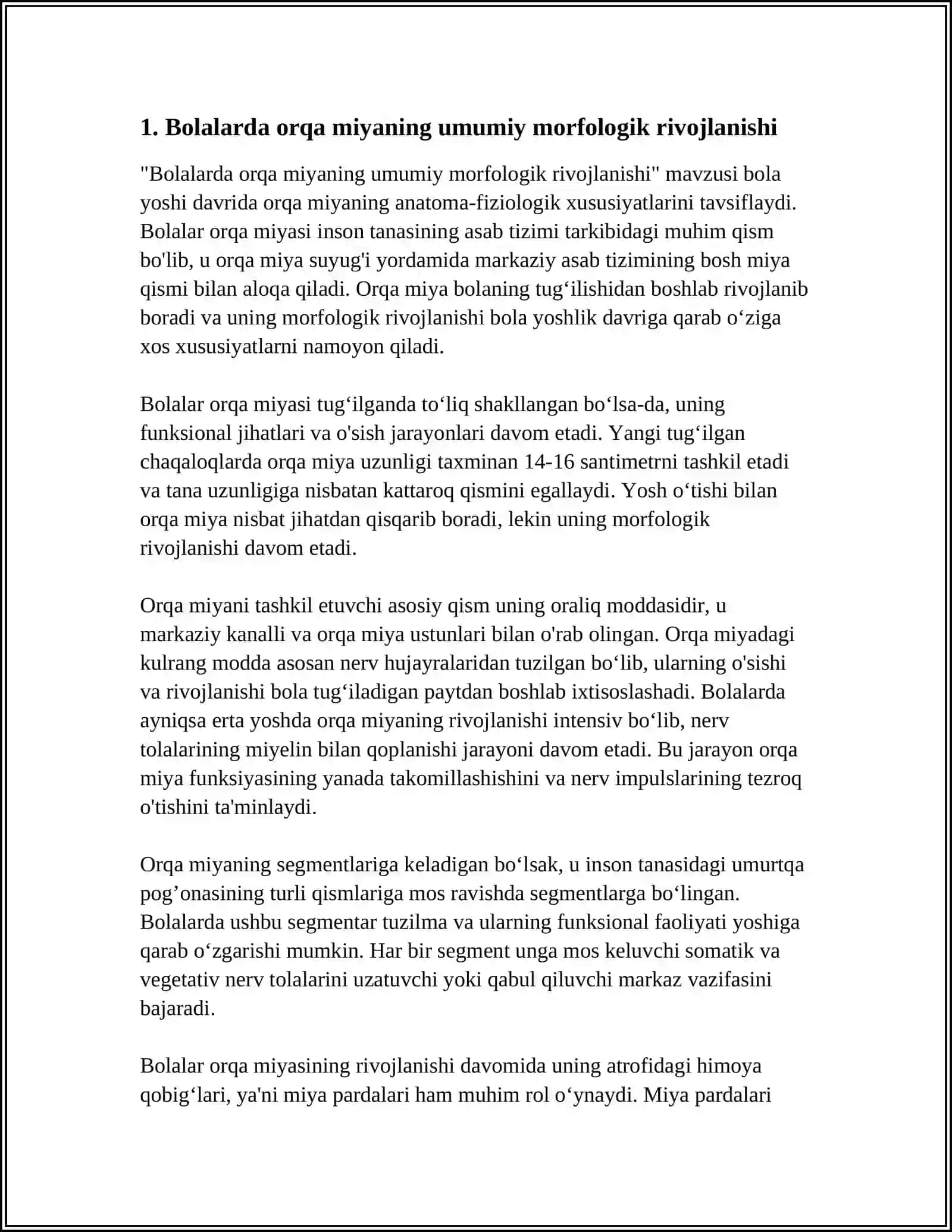 BOLALARDA ORQA MIYA ANATOMA FIZIOLOGIK HUSUSIYATLARI. ORQA MIYA SUYUQLIGINING BOLA YOSHIGA MANSUB TARKIBI 3