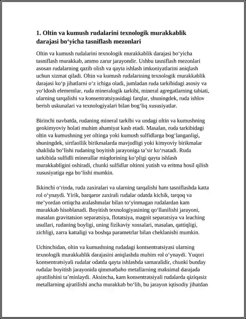 TEXNOLOGIK MURAKKABLIGI DARAJASI VA XUSUSIYATLARIGA KO‘RA OLTIN VA KUMUSH RUDALARINING KLASSIFIKATSIYASI 3
