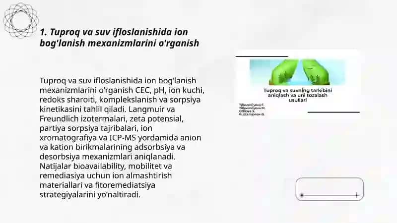 Tuproq suvning ifloslanishida ion boğlanishda birikmalarni aniqlab ulardan foydalanish 3