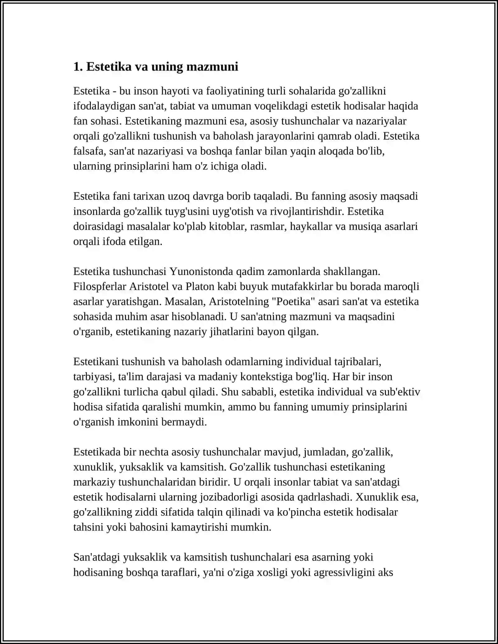 MATYOQUB QOʻSHJONOVNING "SAYLANMA" MAQOLALARI TOʻPLAMINI OʻQIB OʻZLASHTIRISH "ADABIYOTDA ASTETIKA KATEGORIYALARI" BOBINI KONSPEKTLASHTIRISH 3