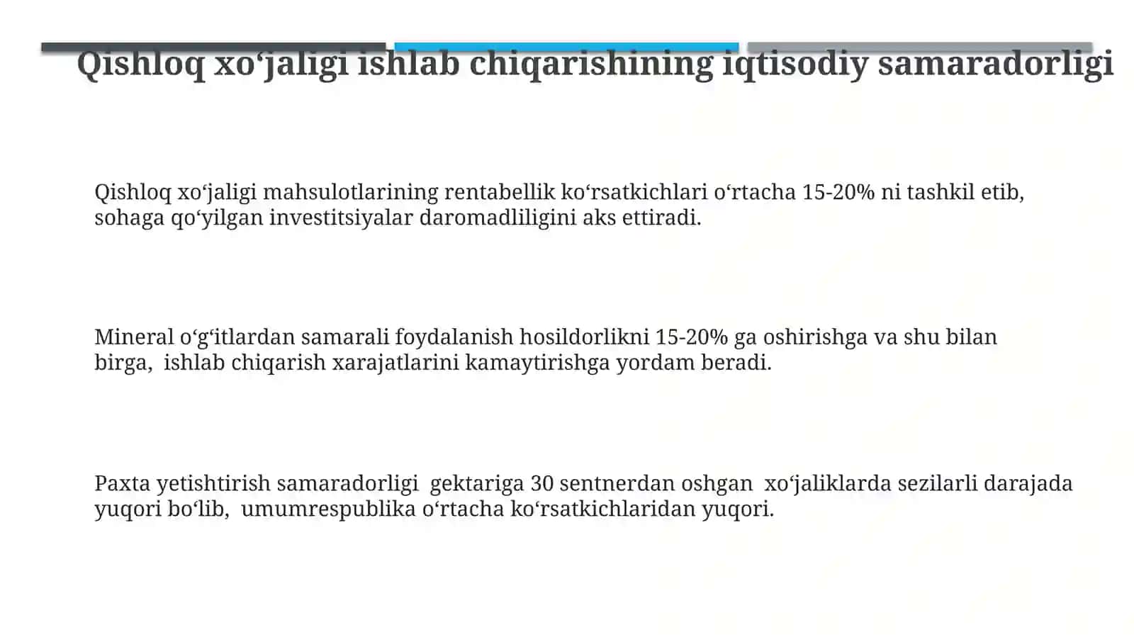Oʻzbekistonda qishloq xoʻjaligi tarmoqlari rivojlanishini baholash 3
