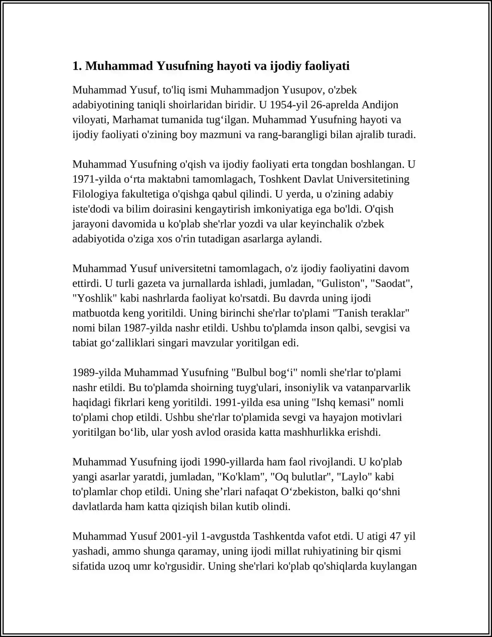 MUHAMMAD YUSUF HAYOTI VA UNING SHE'RLARI HAQIDA RUSCHA 3