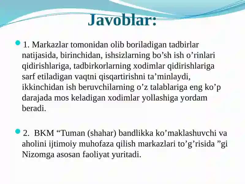 Ishga joylashtirish jarayonida tarjimayi hol, intervyu, ish hujjatlari tuzish va boshqa o’z-o’zini namoyish qilish ko’nikmalari 3