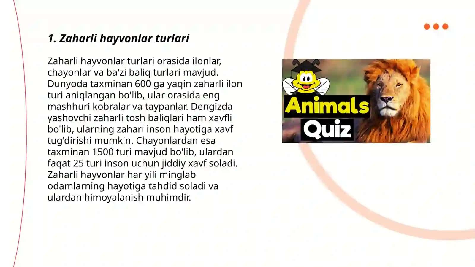 Zaharli hayvonlar. Tasnifi. Hayvon zaharlari. Zaharli hayvonlar chaqqanda birinchi yordam 3