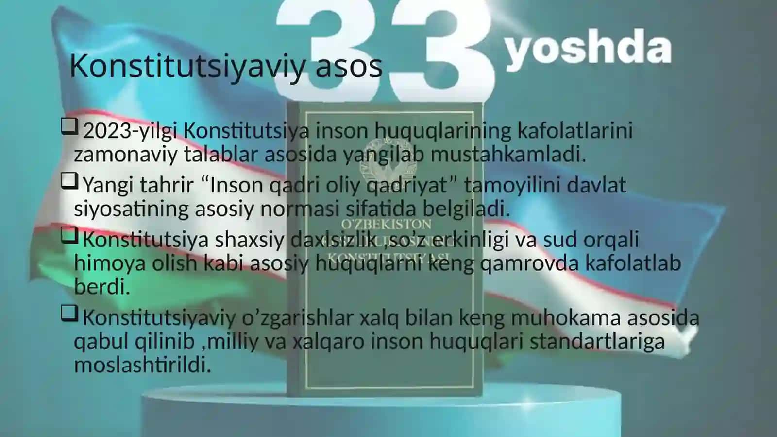 Yangi O'zbekiston dasturiga inson huquqlari va erkinliklari kafolatining yaratilishi 3