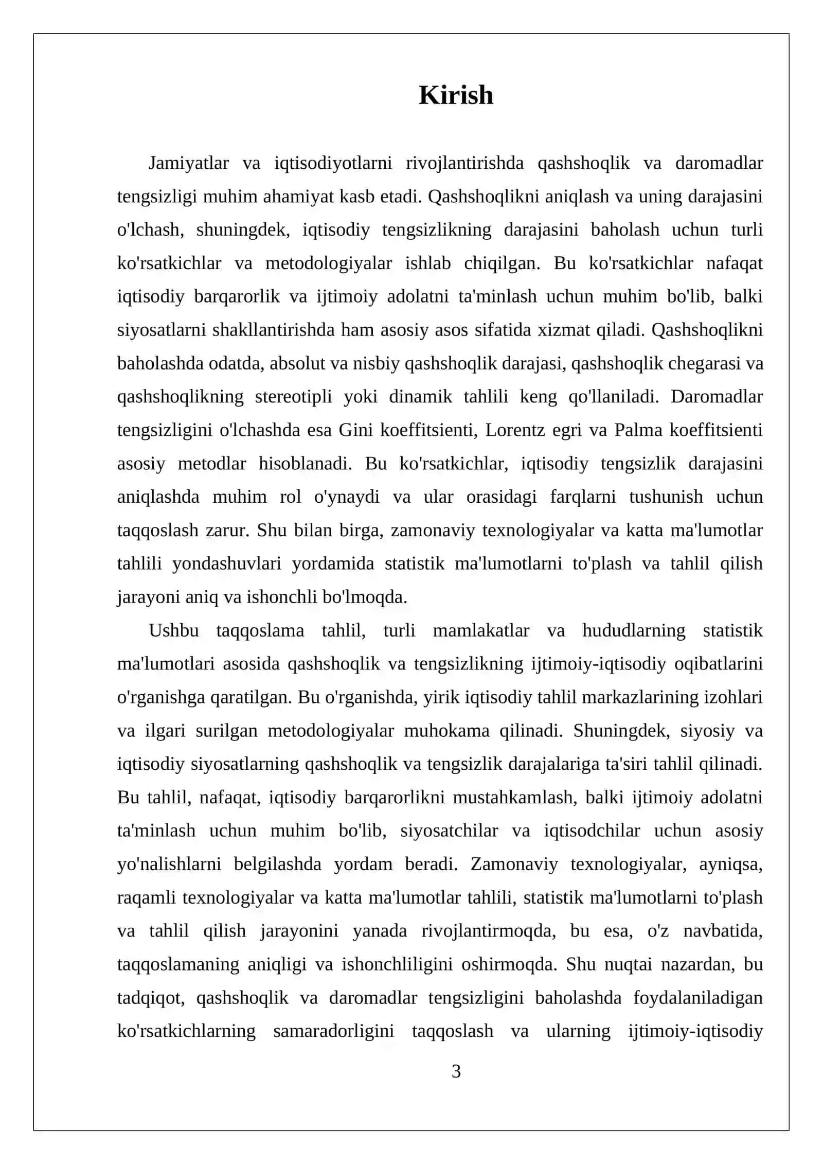 QASHSHOQLIK VA DAROMADLAR TENGSIZLIGINI BAHOLASH KOʻRSATKICHLARI BOʻYICHA TAQQOSLAMA TAHLIL TAYYORLASH 3