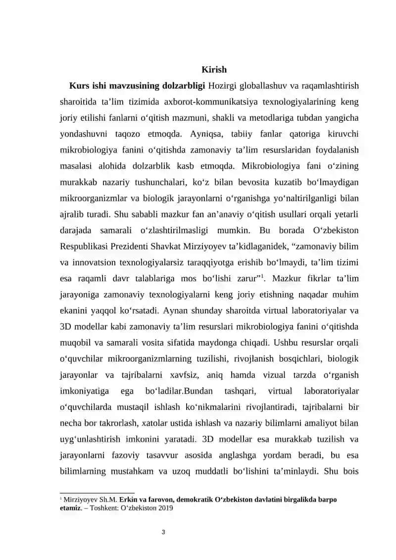 MIKROBIOLOGIYA FANINI O‘QITISHDA ZAMONAVIY TA’LIM RESURSLARI (VIRTUAL LABORATORIYALAR, 3D MODELLAR)DAN FOYDALANISH 3