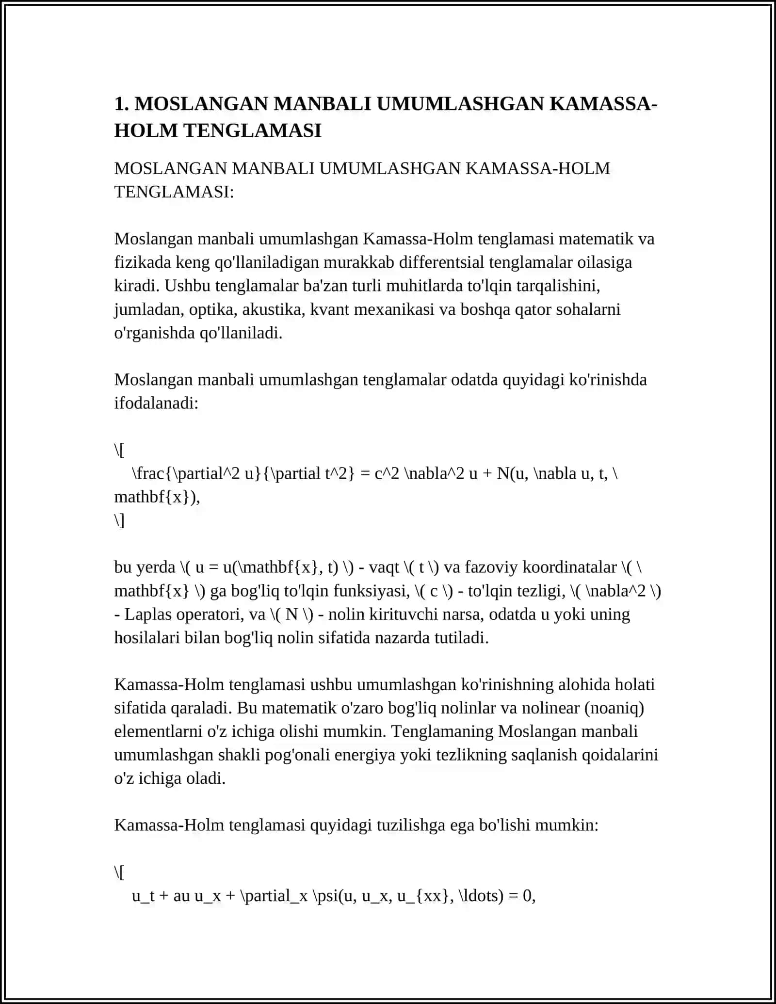 MOSLANGAN MANBALI UMUMLASHGAN KAMASSA-HOLM TENGLAMASINI INTEGRALLASH 3
