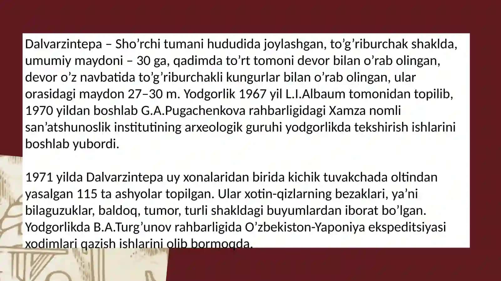 Oʻzbekiston antik davriy yodgorliklarining oʻrganilishi va xalqaro hamkorlik 3