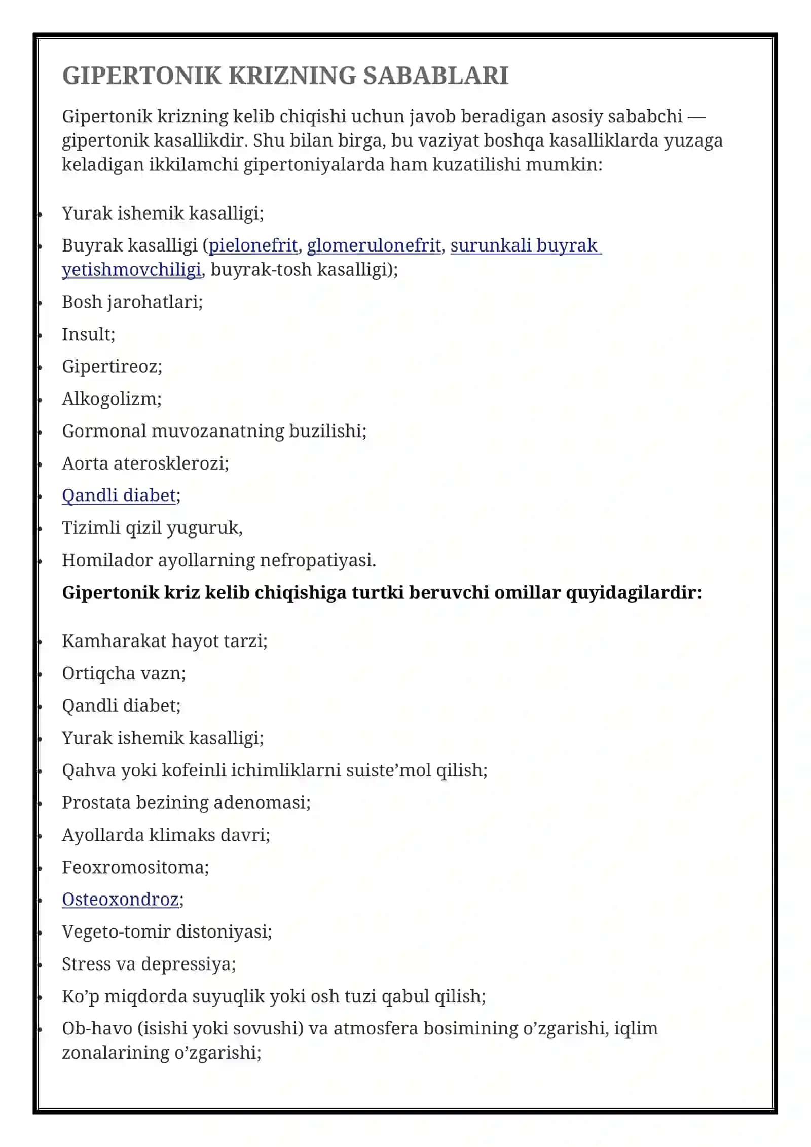 GIPERTONIK KRIZ — SABABLARI, BELGILARI, DAVOLASH, BIRINCHI YORDAM KO’RSATISH, OLDINI OLISH 3
