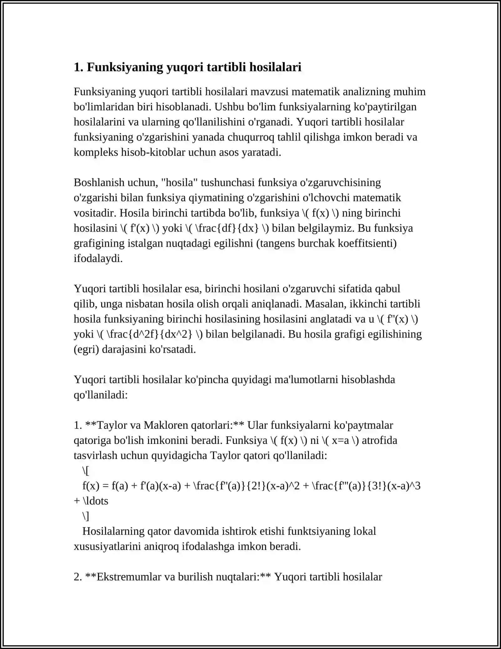 FUNKSIYANING YUQORI TARTIBLI HOSILA VA DIFFERENTSIALLARI 3