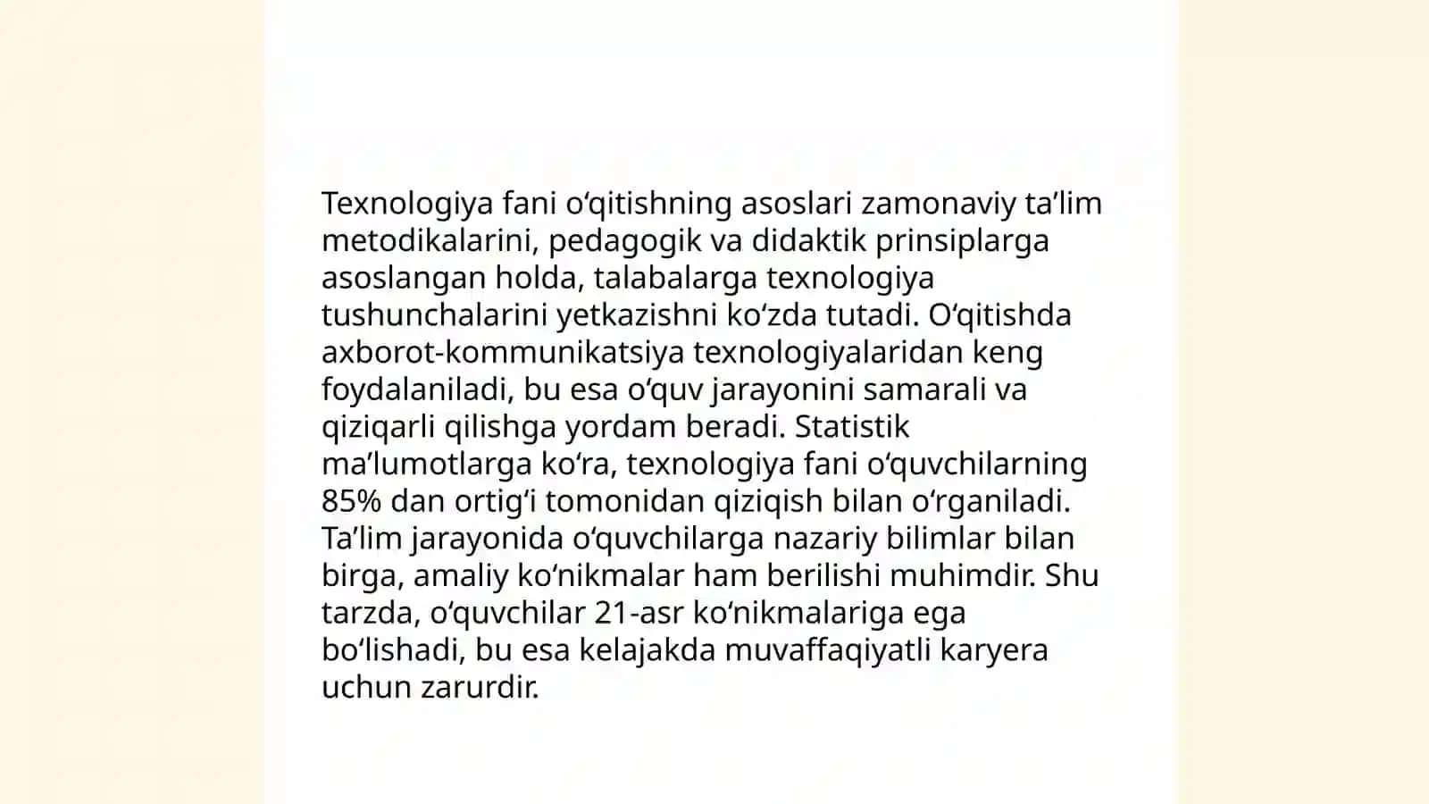 Texnalogiya oʻqitish darslari va ularga quyiladigan talablar 3