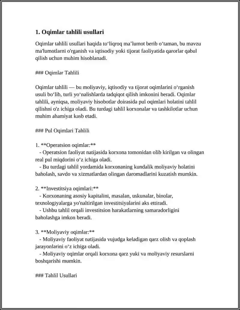 MUSTAQIL ISH Mavzu: PUL OQIMLARINI PROGNOZLASH VA BOSHQARISH 3