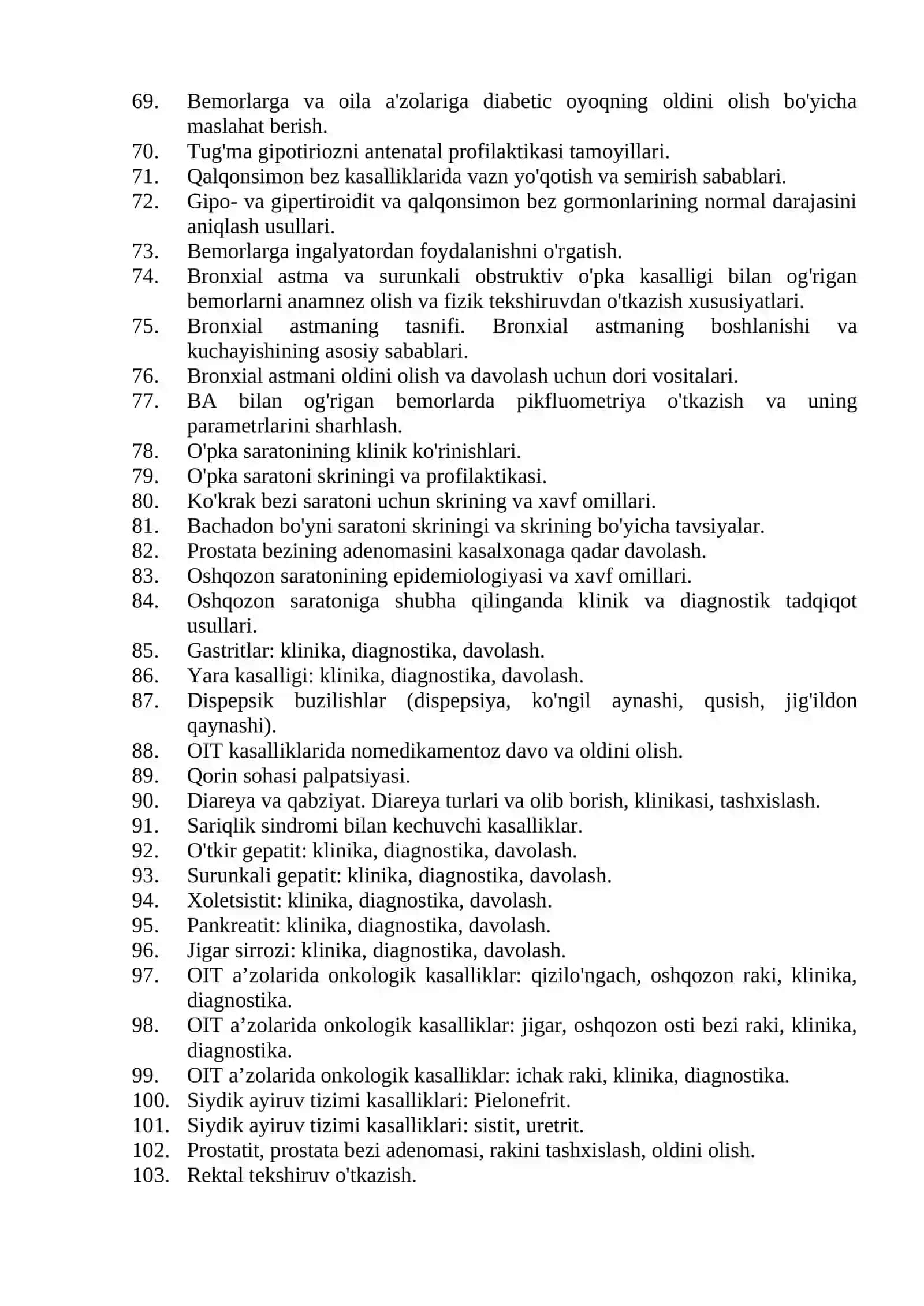 Oilaviy shifokorlik mutaxassisligi bo'yicha shakllantirilgan og'zaki savollar ro'yxati 2026 3