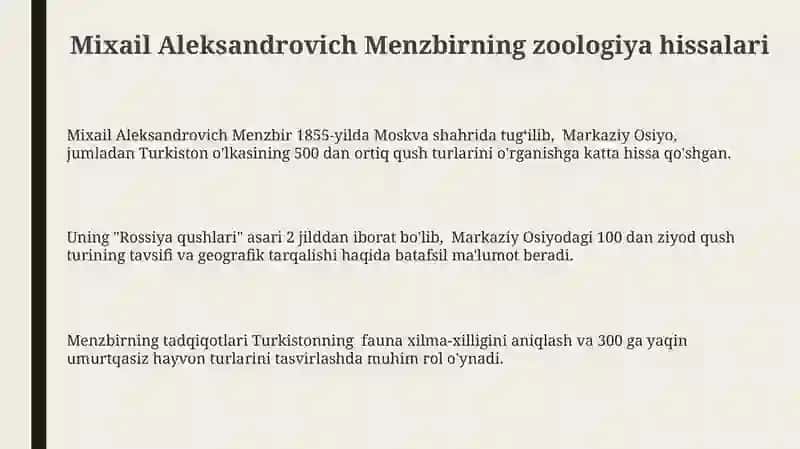 Mixail Aleksandrovich Menzbirning zoologiya hissalari 3