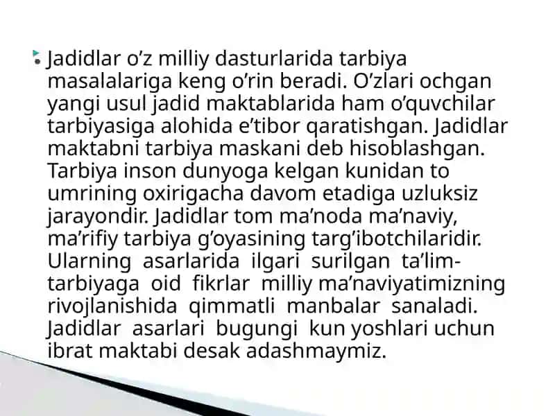 Jadid ma’rifatparvarlarning o’lka ijtimoiy-ma’naviy hayotida tutgan o’rni 3