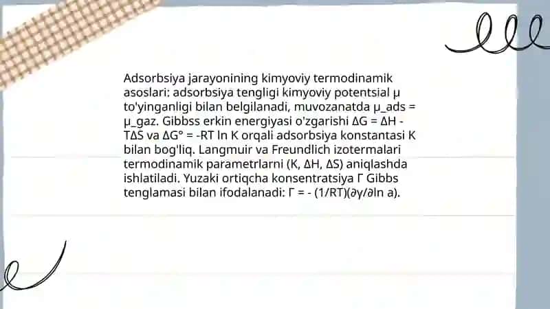 Adsorbsiya qonunyatlari termodinamikada 3