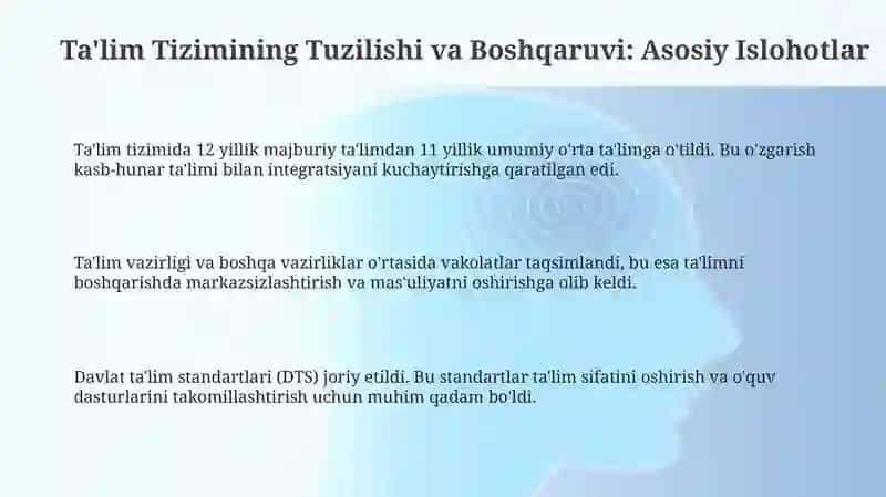 Ta'lim Tizimining Tuzilishi va Boshqaruvi: Asosiy Islohotlar 3