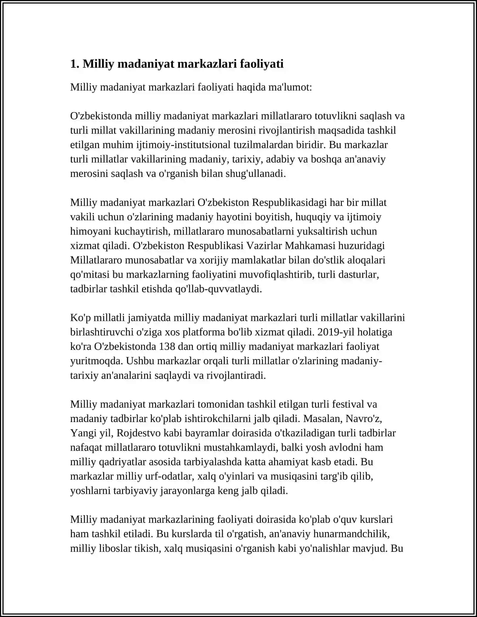 MUSTAQIL ISH Mavzu: MILLIY MADANIYAT MARKAZLARI 3