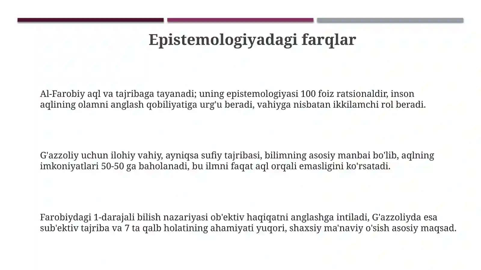 Forobiyning "Siyosat falsafasi" va Gʻazzoliyning "Kimyoi saodat" asarlari orasidagi farq 3