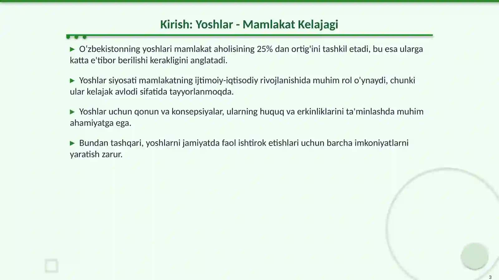 Oʻzbekiston Respublikasida Yoshlarga Oid Qonun, Qaror, Farmon va Konsepsiyalar 3