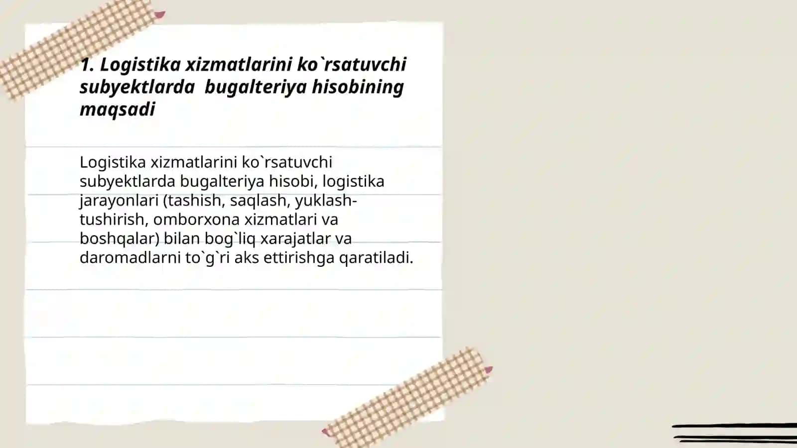 LOGISTIKA HIZMATLARINI KO`RSATUVCHI SUBYEKTLARDA BUGALTERIYA XISOBI 3