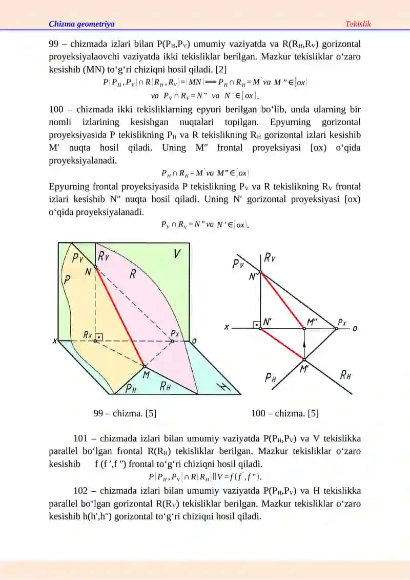 Chizma geometriya. Umumiy va xususiy vaziyatdagi tekisliklarning oʻzaro kesishgan chizigʻi 3