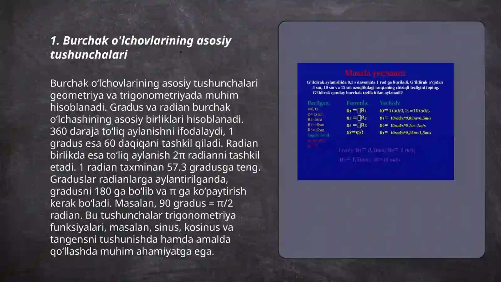 Burchak o'lchovlari turlarini o'rganish va har bir o'lchov turining qo'llanilish sohasini aniqlash, o'lchovlar bo'yicha taklif berish 3