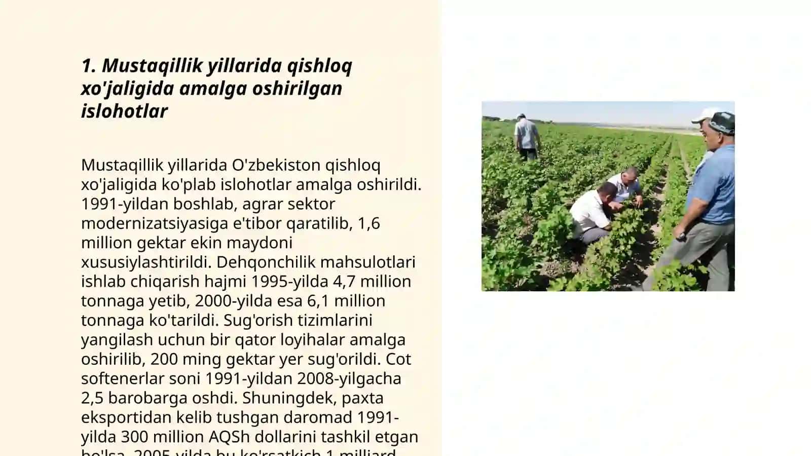 Mustaqillik yillarida qishloq xo'jaligi va sanoat sohasidagi o'zgarishlar 3