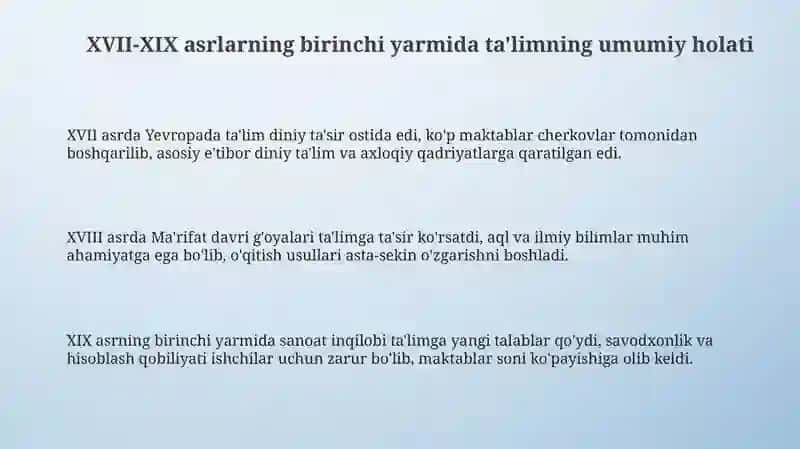 XVII-XIX asrning birinchi yarmida tarbiya, maktab va pedagogik fikrlar 3