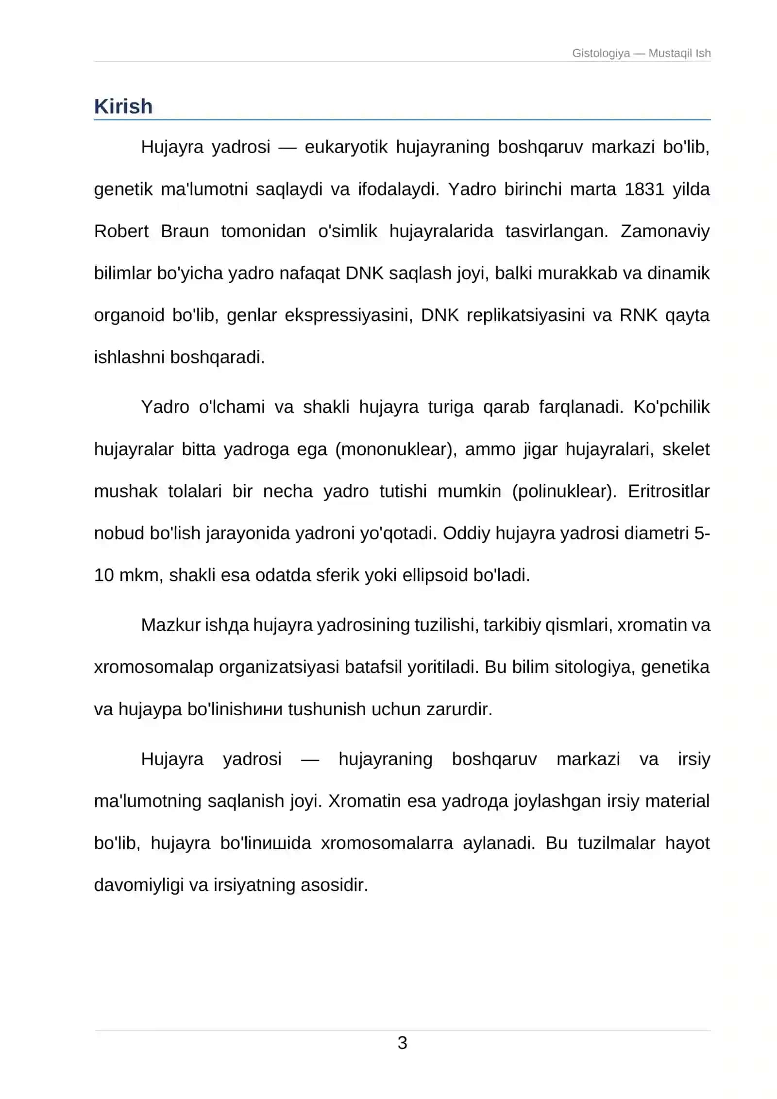 Gistologiya — Mustaqil Ish 3