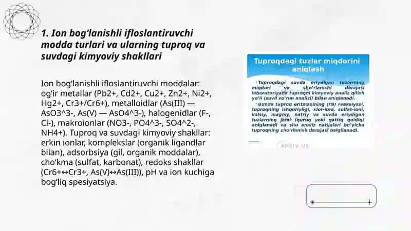 Tuproq va suvning ifloslanishida ion bogʻlanishli birikmalarni aniqlab ulardan tozalash usulini ishlab chiqish 3