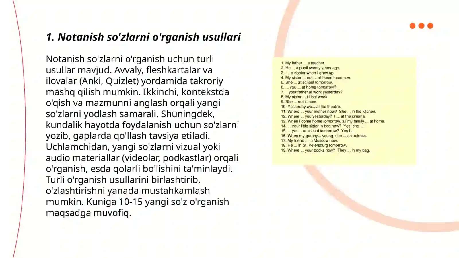 O'quvchilarni notanish so'z va iboralar bilan tanishtirish. O'quvchilar nutqini o'stirishga oid topshiriqlar ishlab chiqish 3