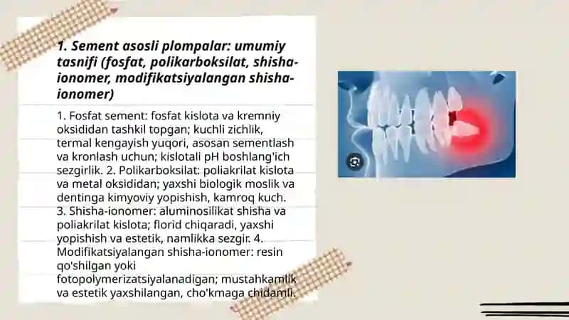 Stomatologiyada Sement asosli plompalar tasnifi va qullanılıshda ishlatiladigan jihozlar 3