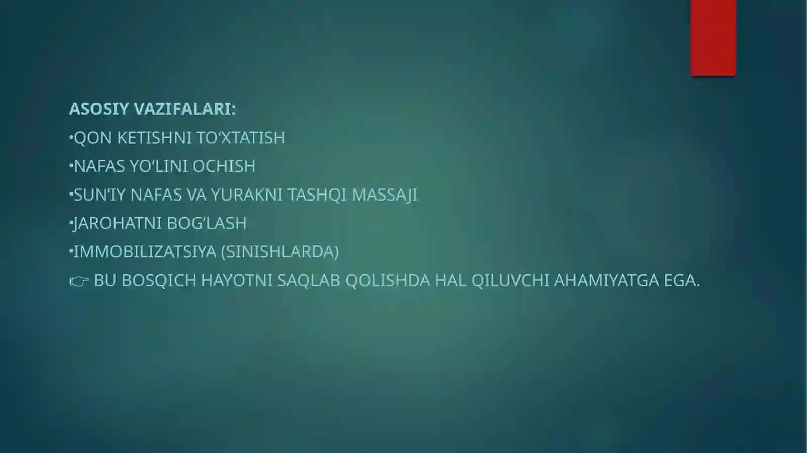 Favqulodda vaziyatlardagi jabrlanish o'choqlarida tibbiy yordam ko'rsatishni tashkil etish 3