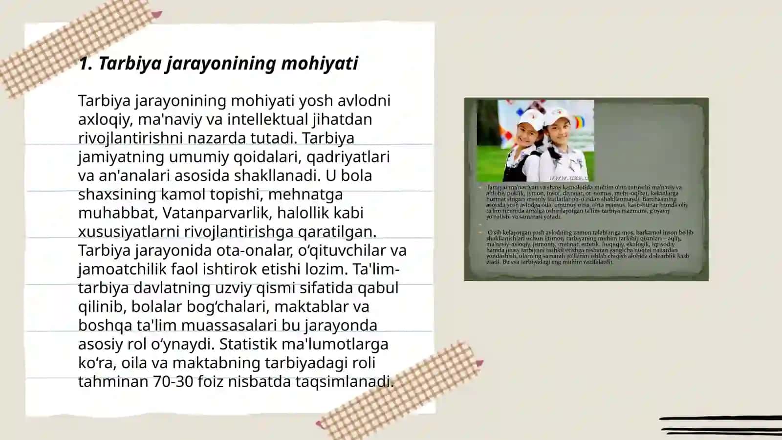 Tarbiya jarayonining oʻziga xos xususiyatlari. Tarbiya qonuniyatlari va tamoyillari. Tarbiyaning tarkibiy qismlari 3