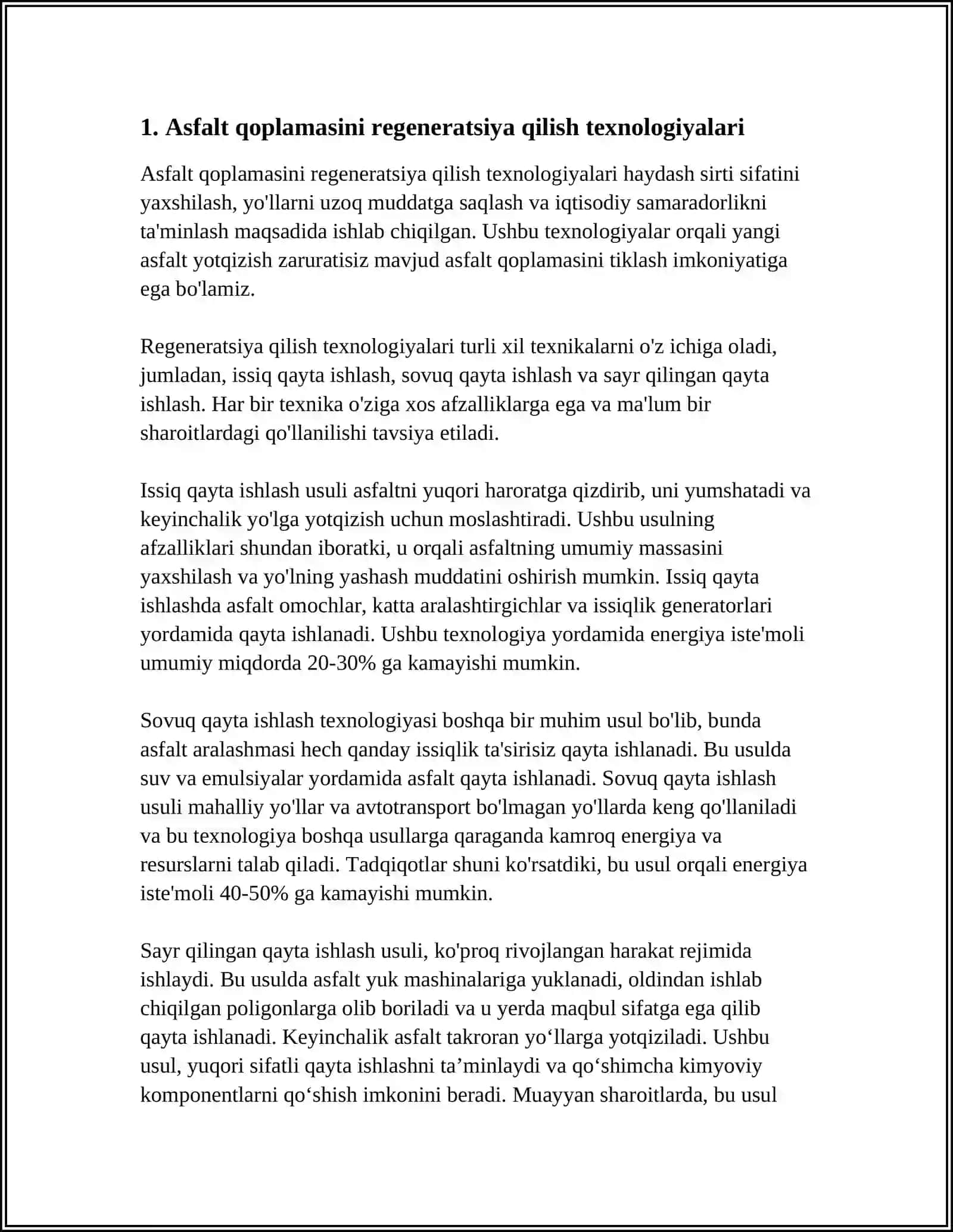 YO‘L TO‘SHAMASINING QOPLAMASINI REGENERATSIYA QILISH USULLARI VA ULARNI QO‘LLASH 3