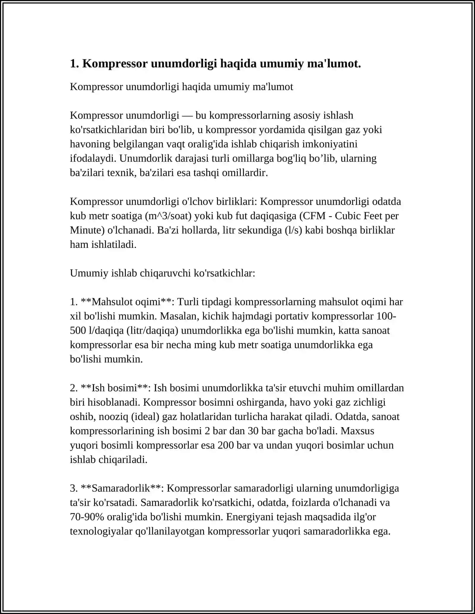 MUSTAQIL ISH Mavzu: KOMPRESSOR UNUMDORLIGI,KOMPRESSOR UNUMDORLIGINI MOSLASH.KOMPRESSORDAGI HAVO SOVUTISH.KOMPRESSOR ELEKTR YURITGICHI QUVVATI 3