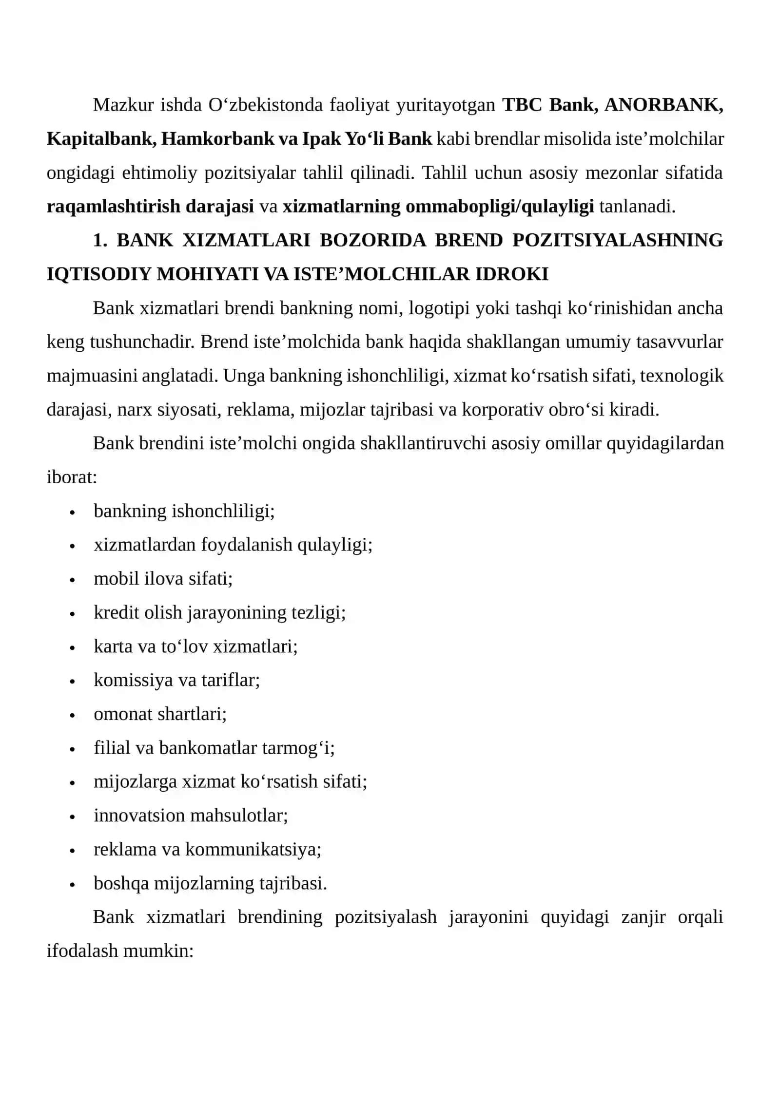 Bank xizmatlari brendlari misolida iste’molchilar ongidagi pozitsiyalashni tahlil qilish va Perceptual Map ishlab chiqish 3