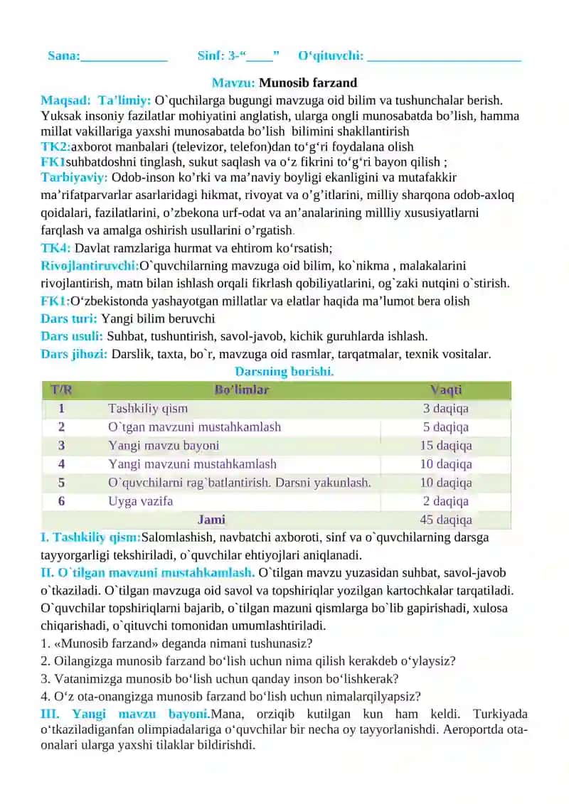 3-sinflar Tarbiya fanidan ishlanmalar tayyorlashda foydalanilgan yillik taqvim rejasi 3