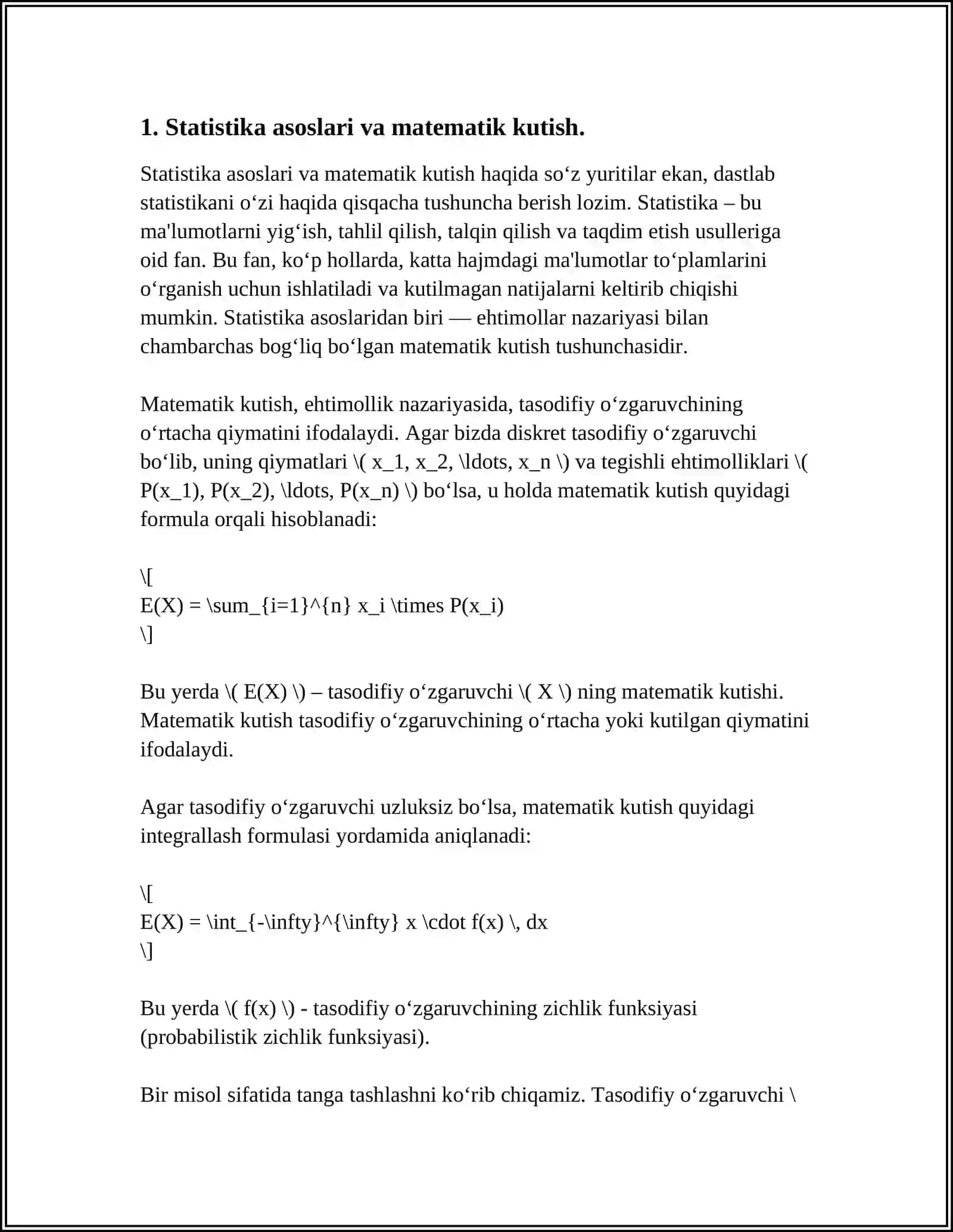 MATEMATIK KUTILMA YOKI DISPERSIYASI MAVJUD BO’LMAGAN TASODIFIY MIQDORLARGA MISOLLAR TUZISH 3