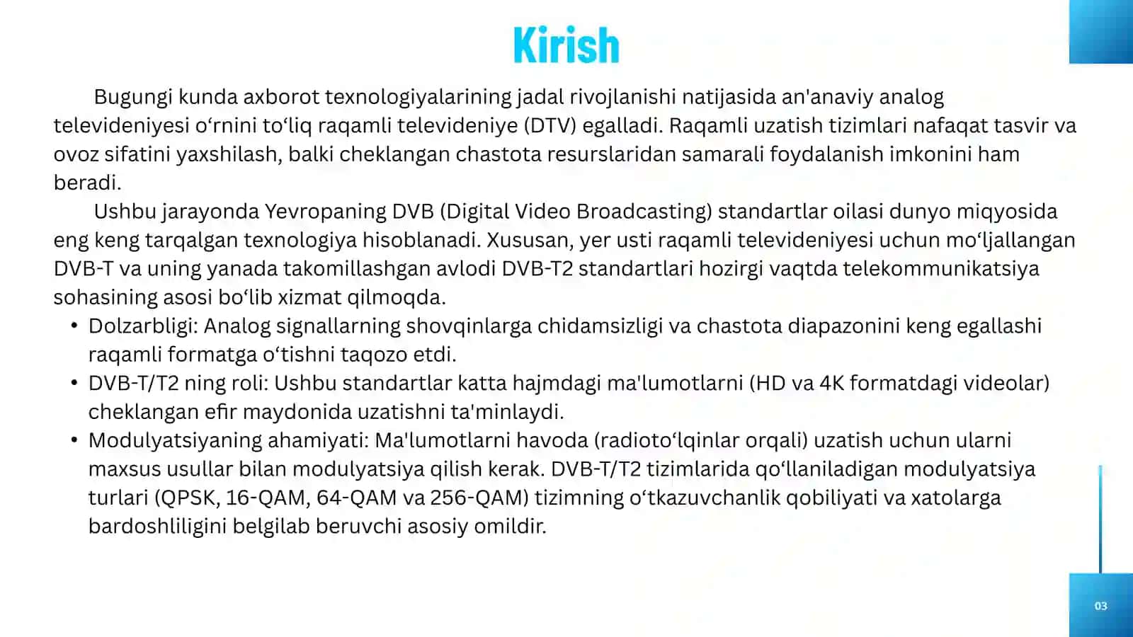 DVB-T, DVB-T2 standartlarida qo‘llaniluvchi raqamli modulyatsiya turlari 3