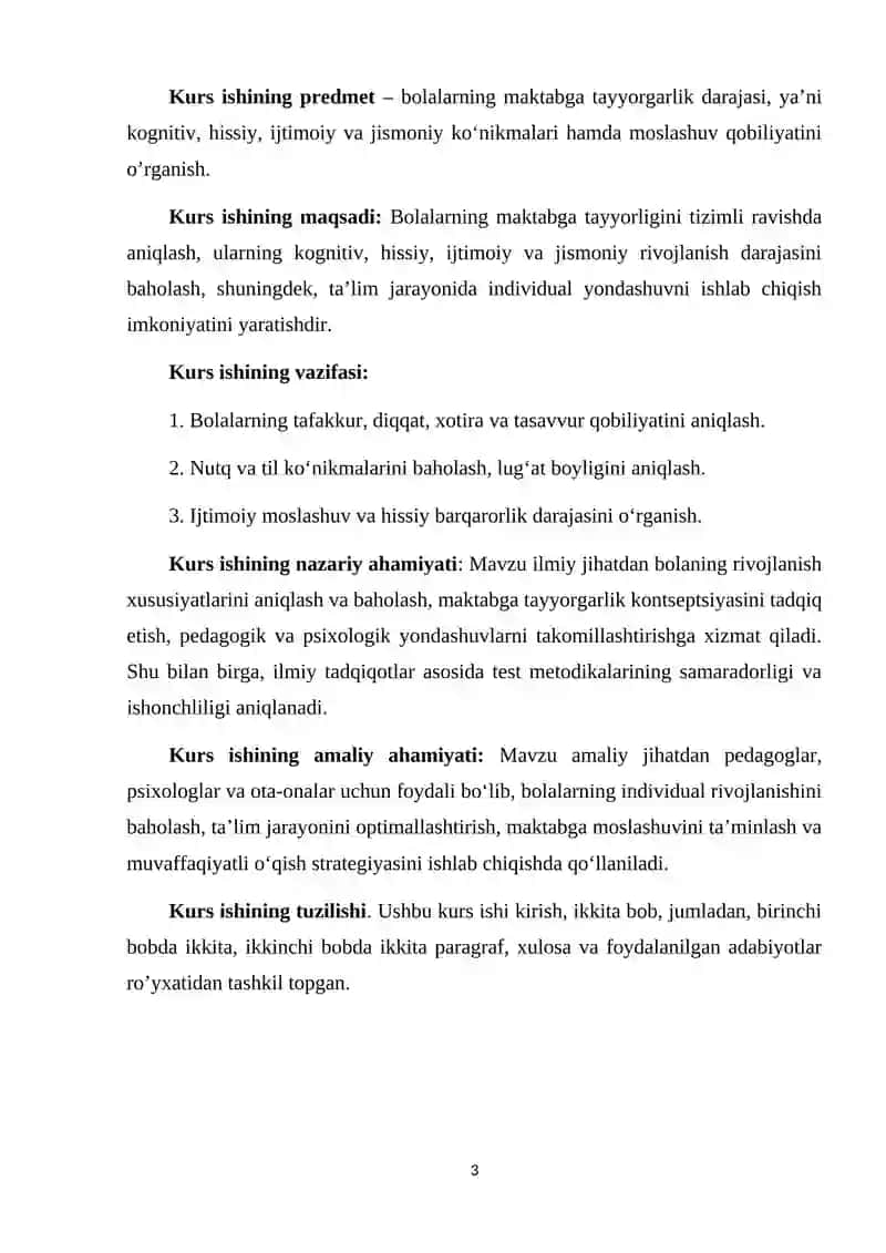 BOLALARNI MAKTABGA PSIXOLOGIK TAYYORGARLIK DIAGNOSTIKASI KURS ISHI 3