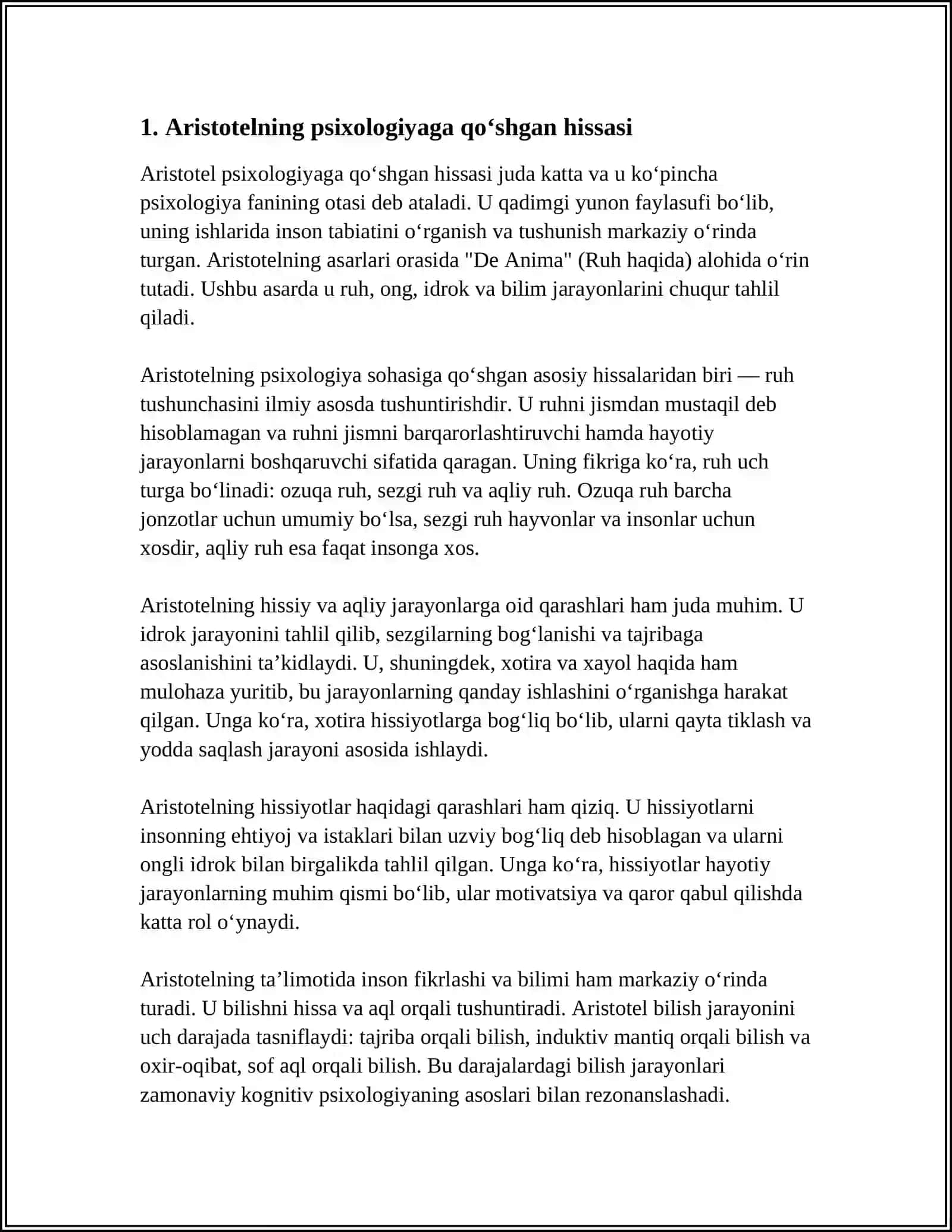 Aristotelning psixologiyaga qo‘shgan hissasi 3