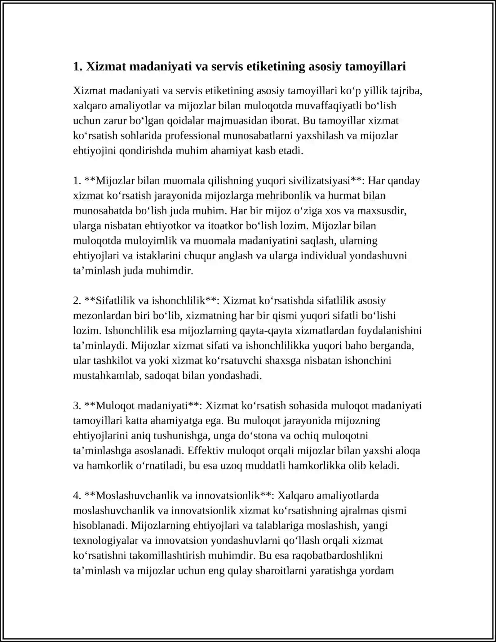 XIZMAT KOʻRSATISH MADANIYATI VA SERVIS ETIKETI: XALQARO AMALIYOTLAR 3