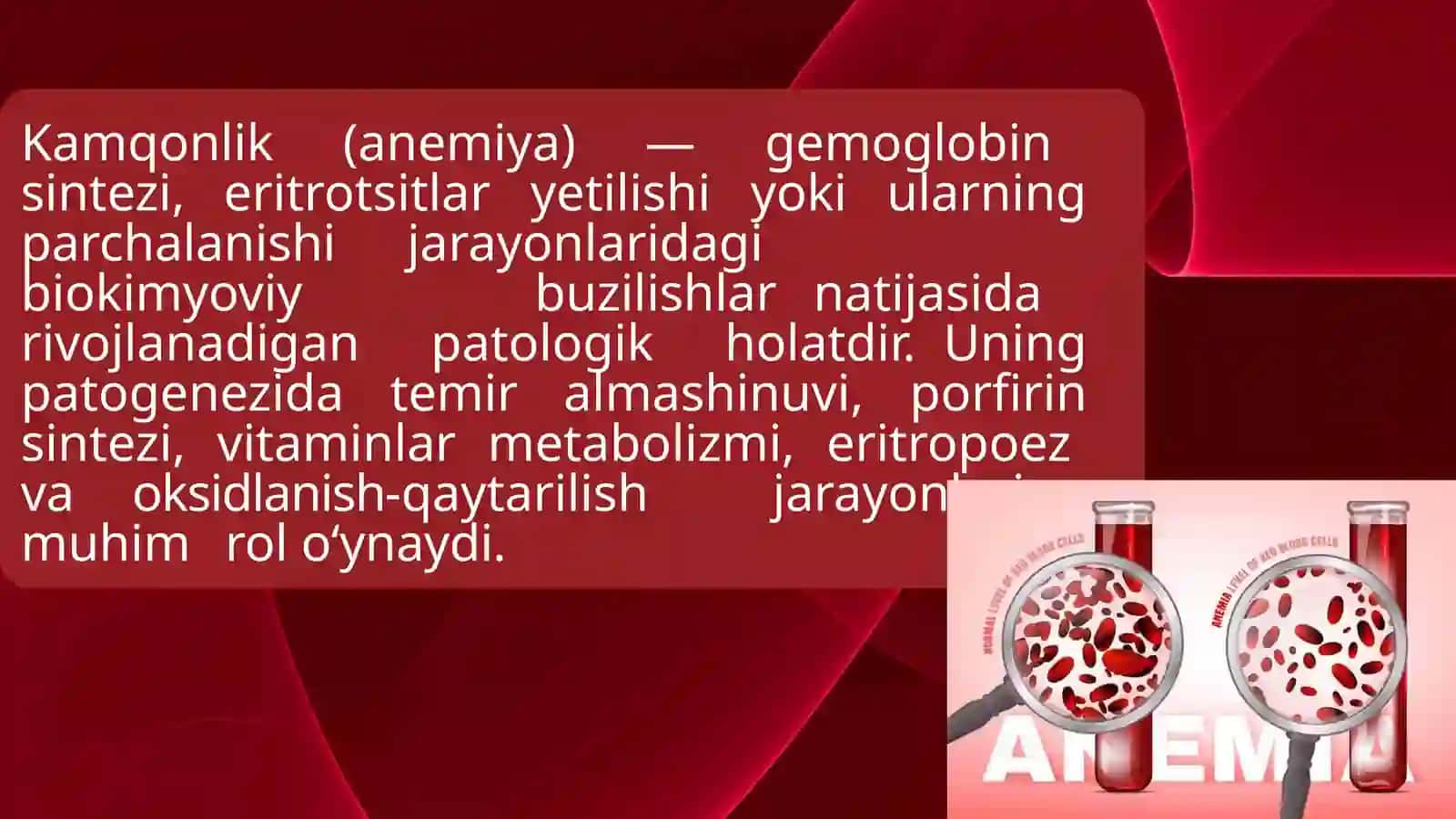 Kamqonlik turlari va sabablari. Kamqonlik rivojlanishining biokimyoviy mexanizmlari. 3