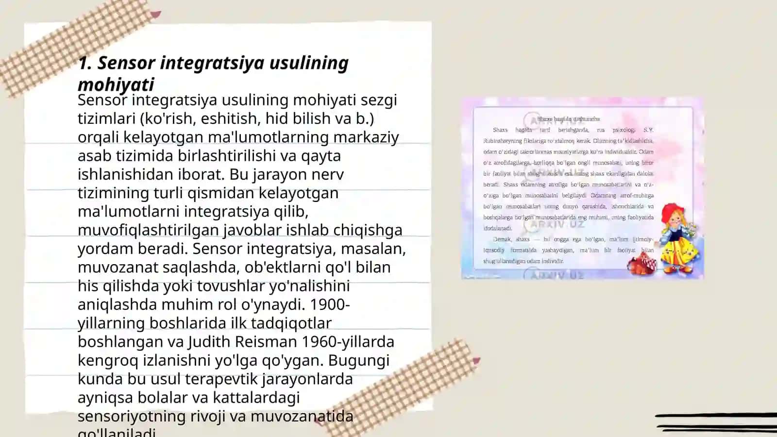 Autistik spektor buzilishlariga ega bo'lgan bolalarda sensor integratsiyani normallashtirish.Ta'limiy malakalarini spesifik buzilishlarini oldini olishda sensor integratsiya usulidan foydalanish 3