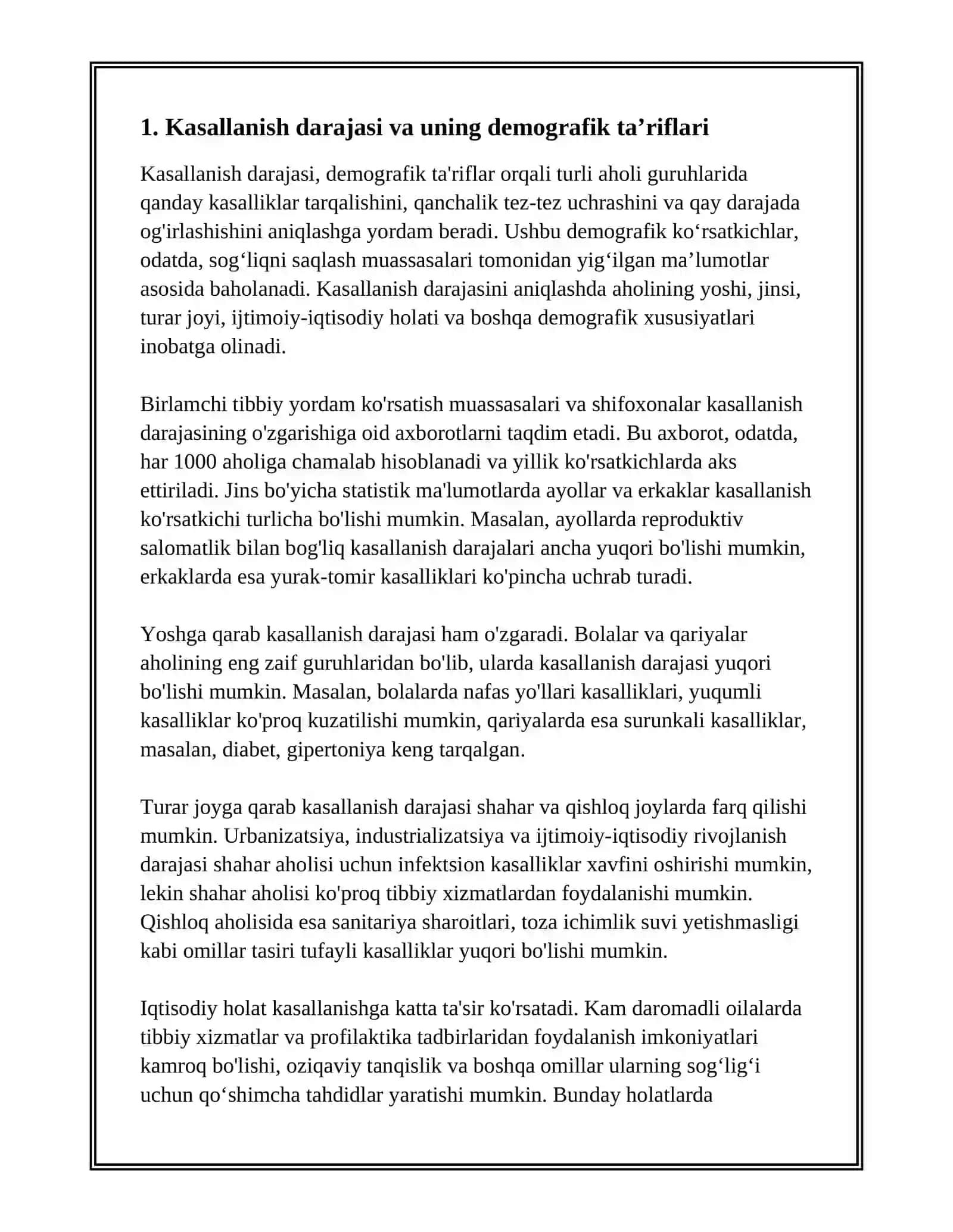 MAXSUS DEMOGRAFIK KOʻRSATKICHLAR. AHOLINING KASALLANISH DARAJASINI OʻRGANISH 3