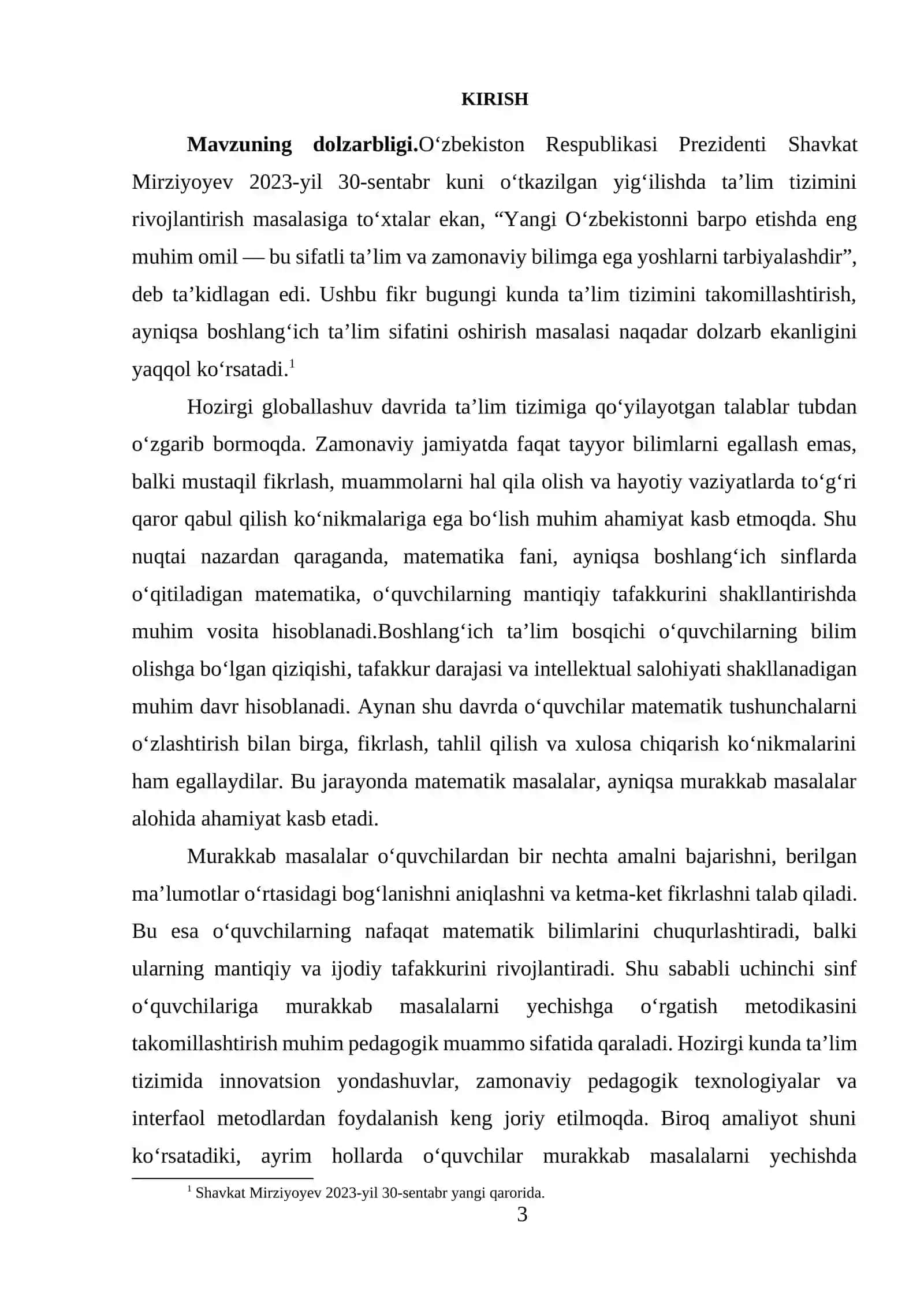 Uchinchi sinfda matematikadan murakkab masala va ularni yechishga oʻrganish metodikasi. 3